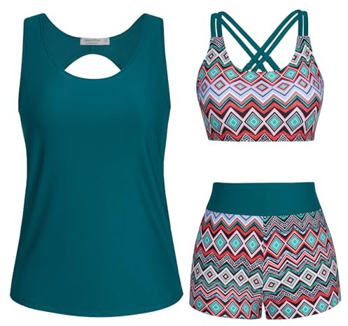 JASAMBAC Tankini Maillot De Bain Femme 3 PièCes pour Femme Imprimé Floral ContrôLe du Ventre Bikinis AthléTique Maillot De Bain Modeste Shorty