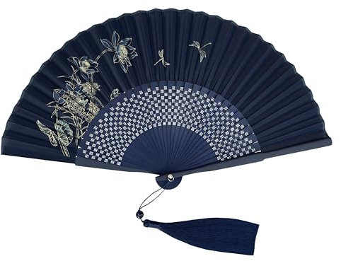 FANSOF.FANS Navy Blue Premium Silk Fabric Handheld Folding Fan with Grade A Bamboo Ribs for Women Girls Event Birthday Wedding Favour With Tassel and Pouch (Dragonfly Garden)