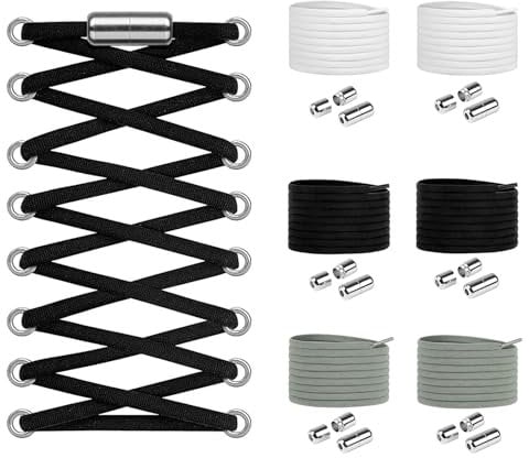 Widamin 6 Paar Runde Elastische Schnürsenkel mit Metallkapsel, Faule Schnürsenkel Ohne Binden, Kinder und ältere Menschen, Schwarz, Weiß, Grau