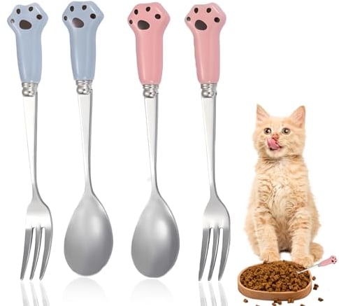 MEKEET 4PCS Small Pet Food Fork Set Creative Pet Feeding Spoon with Ears Stainless Steel Cat and Dog Feeding Spoon for Pet Feeding Wet Food (Blue+Pink)