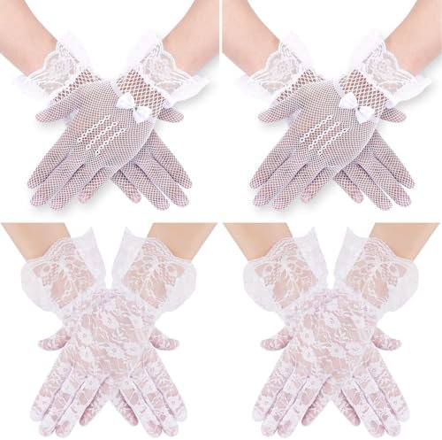 4 Paar Damen Spitzenhandschuhe, Witte Elegante Tea Party Kurze Damen Handschuhe, Mesh Höflichkeit Handschuhe Vintage Floral Braut Handschuhe für Hochzeit Abendessen Cocktail Kostüm 1950's Parties