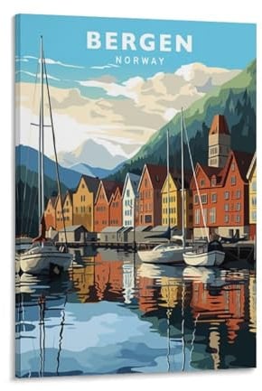 Jdjdu Bergen Norwegen Vintage Reiseposter Geschenk Wanddekoration Gemälde Poster Leinwand Kunst Poster