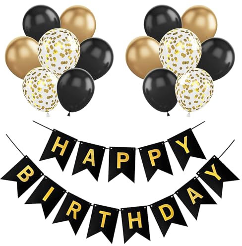 Mynoozi Luftballons Geburtstag Dekoration Set, Schwarz Gold Party Deko Geburtstag Enthält 20 Luftballons und 2 Bänder, Geeignet für Männer, Jungen, Frauen und Mädchen