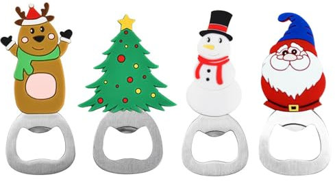 4PCS Christmas Bottle Opener Beer Stainless Steel Bottle Openers Novelty Silicone Handheld Beer Can Lid Remover Xmas Themed Metal Can Opener Christmas Party Favors for Home Holiday (Multicolor 1)