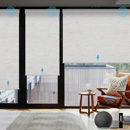 SmartWings Elektrisches Rollo mit Fernbedingung, Smart Rollo Innen 100% Verdunkelung, Kompatibel mit Alexa, Google Home, Homekit, Benutzerdefinierte Größe,Leinen Weiß