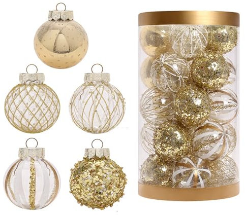 Set di 25 Palline per Albero di Natale - Decorazione Natalizia in Plastica - Colori Platino, Bianco, Oro, Trasparente - Dipinte