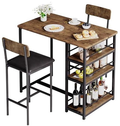 Ensemble Table de Bar avec Tabourets，Ensemble table de cuisine,Table à Manger Debout avec 2 chaises de Bar,Table Haute Cuisine avec avec 2 étagères et Porte-Bouteille de vin,pour Cuisine, Salon