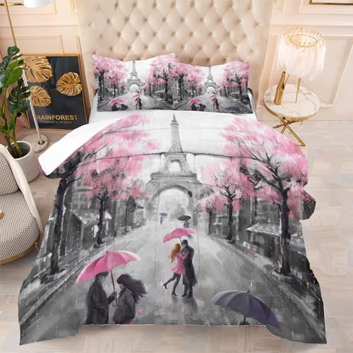 EDGZKO Parure de lit douce pour chambre à coucher avec 1 couette et 2 taies d'oreiller Motif Tour Eiffel Rose et gris