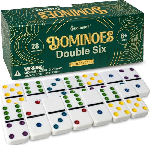 Queensell Domino-Set für Erwachsene mit farbigen Punkten – Doppel-6 Domino-Set, EIN klassisches Brettspiel für Kinder und Erwachsene – Standard Doppel-Sechs Dominos-Sets mit 28 Steinen