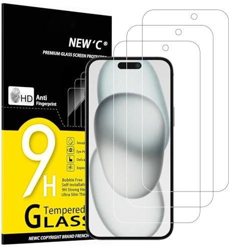 NEW'C 3 Piezas [Versión Mejorada] Protector Pantalla para iPhone 16,iPhone 15,iPhone 15 Pro (6,1 pulgadas), Cristal templado Antiarañazos, Antihuellas, Sin Burbujas, Dureza 9H,Ultra Resistente