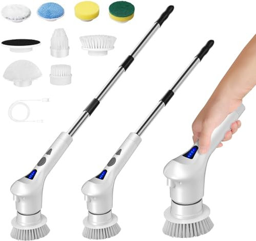 9 in 1 Elektrische Reinigungsbürste mit Verstellbarem Griff, Haomacro Putzbürste Elektrisch Spin Scrubber mit 9 austauschbaren Bürsten für Toilette, Badewanne, Küche, Boden(2 Geschwindigkeiten)
