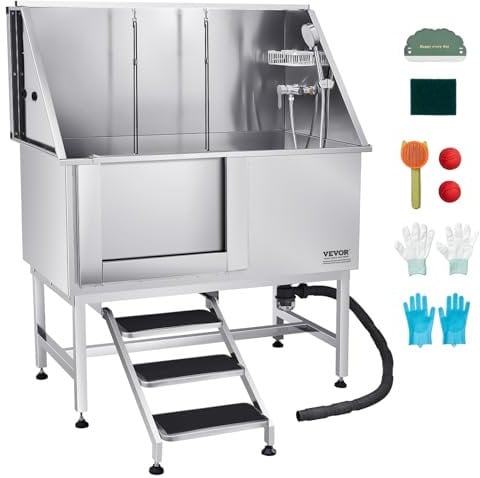 VEVOR Baignoire de Chien Acier Inoxydable, Baignoire de Toilettage pour Animaux de Compagnie 127 cm Station de Lavage Chat, avec Escalier, Panneau Filtre à Eau, Robinet, Pommeau Douche, Porte Gauche