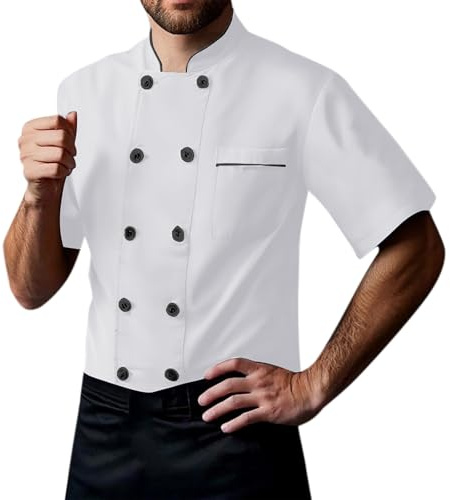 RUMAOZIA Kochjacke Herren Personalisiert Kurzarm Koch Hemd Chef Coat Bäcker Kostüm Dünne Kühle Atmungsaktiv Kochbekleidung Hospitality Uniform mit Knöpfen Chef Coat für Restaurant Hotel