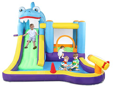 LALAHO Château Gonflable avec Souffleur, Aire de Jeux Gonflable Thème Requin avec Toboggan, Piscine, Trampoline, Pistolet à Eau, Adapté pour 3 Enfants de 3 à 10 Ans, 380x260x240 cm