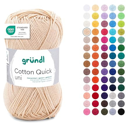 Gründl Wolle Cotton Quick uni Häkelgarn 1 Knäuel 50 g, eierschale | dünne Wolle zum Häkeln - Strickgarn - Häkelgarn - Glänzend und hautfreundlich - 100 % Baumwolle - 50 g / 125 m