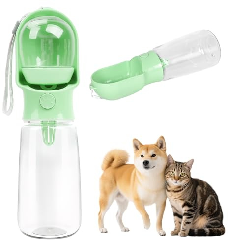 500ML Botella Agua Perro, Taza para Beber para Mascotas al Aire Libre,Botella de Agua Portatil para Mascotas con 180ml Recipiente de,Comida,para Caminar Viajar Acampar (Verde, 500ML)