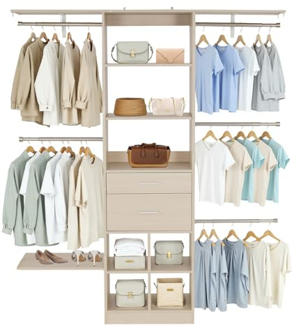 VEVOR Closet System with 2 Drawers, Adjustable Height Wooden Closet Organizers, Modern Walk-in Wardrobe Organization with 5 Retractable Clothes Hanger Rods, Freestanding Garment Rack Storage, Grey