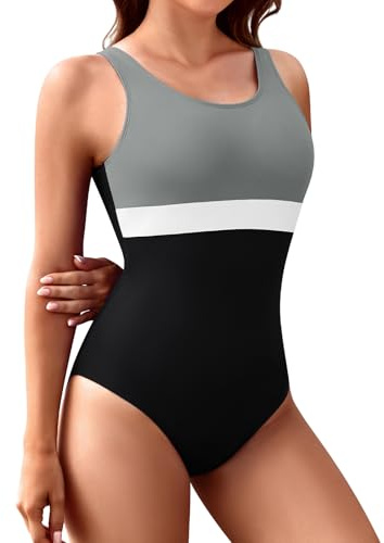 FemiChic Costume Intero da Bagno Donna Sportivo con Coppe Addominali Contenitivo Resistenza al Cloro per Sport Acquatici Moda Spiaggia(Grigio,L)
