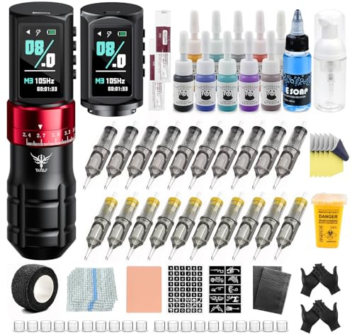 TATELF Kit de Máquina Inalámbrica con 2x 2300mah Baterías 20 Agujas | 7 Vel. Dermógrafo con 2300mAh Batería 10 Tintas Set Completo para Prácticas de Diseño sobre Piel cas de Diseño sobre Piel