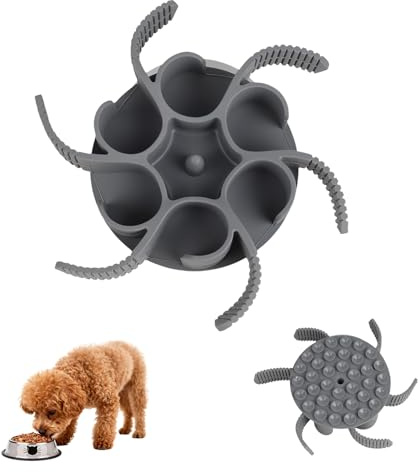 Slow Feeder Dog Bowl Insert - Flexible Silicone Pet Feeder with 38 Suction Cups, Slow Down Eating, Dog Feedingm, Maze Design, Digestive Health, Easy to Clean, 6 Tapered Handle, Grey