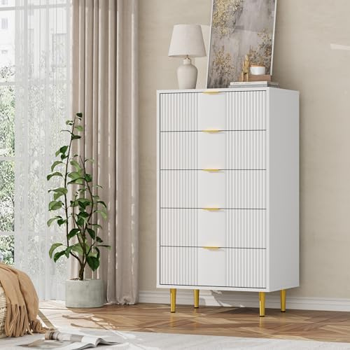 Litake Kommode für Schlafzimmer, 60cm Breite 5 Schubladen Aufbewahrung Kommode mit Vintage Metallgriffe, Tiefe Kommode für Schlafzimmer, Wohnzimmer, Flur oder Eingang, weiß (Weiß, 60x40x112cm)