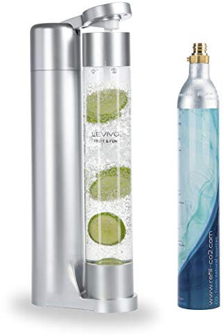 LEVIVO Wassersprudler Fruit & Fun Sprudler Slim, mit 1-Liter-Sprudlerflasche und CO2-Kohlensäure-Kartusche, Kohlensäure für Wasser, Cocktails und andere Getränke, Farbe Silber, Kunststoff