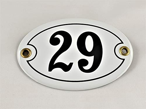 Emaille Hausnummer Schild Nr. 29, oval, Weiß-Schwarz Handarbeit
