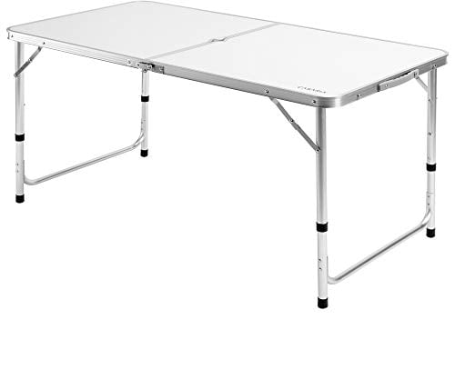 Table de Camping Blanc Aluminium MDF Pliable avec poignée Transport 120x60x70cm Coffre Table de Jardin réglable Hauteur 3 Niveaux