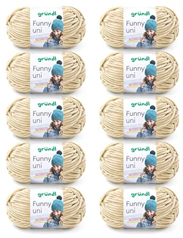 Gründl Wolle Funny uni Chenille Wolle 10 Knäuel 100 g, Beige | weiche Chenille Wolle zum Häkeln - Kuschelig und hautfreundlich - 100 % Polyester - 100 g / 120 m - Nadelstärke 5 - 6