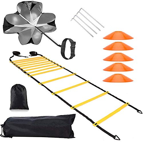 POFET Invincible Fitness Agility Ladder Training Equipment Set,Includes1 Resistance Parachute,6m 12 Sections Agility Speed Ladder,5 Cones and 4 Hooks Improves Coordination, Speed and Power