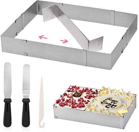 Square Baking Cake Tin, Adjustable Cake Tins Rectangular Mousse Cake Mould for Baking with Icing Spatula/Knife, Stainless Steel Cake Ring Cutter Baking Frame Kit for DIY Mousse Cake Dessert Pizza