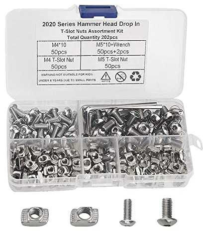 BGTXINGI 200 Stück M4 M5 T Muttern Hammerkopf Befestigung Mutter Tropfen in T Nut Sortiment Kit vernickelt Karbonstahl mit Schrauben und 2 Schraubenschlüsseln für Aluminiumprofil