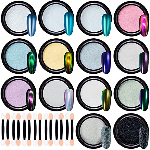 Duufin 14 Farben Nägel Chrome Pulver Holographisch Nagelpulver Metallic Mirror Nägel Pulver mit Lidschattenstiften für Maniküre Kunstdekoration, 1g/Kästen
