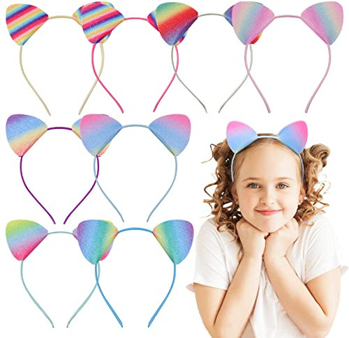 Candygirl 8 Pièces 0.5CM Serre Tete Chat Fille Serre-tête d’Oreilles de Chat Arc-en-ciel Bandeaux Paillettes Femme Enfant Cheveux Accessoires pour Halloween Carnaval