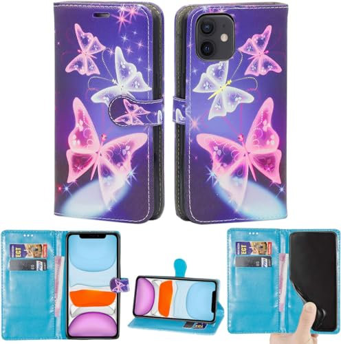 EKAM Case Compatible With iPhone 11 PU Leather Wallet Book Flip Folio Stand View Cover Magnetic Closure with Card Slots for iPhone 11 [6.1 Inch] (Butterfly Blue)