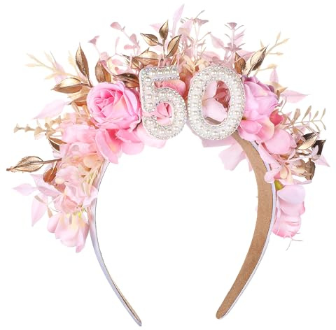 PartyforU Haarband – Rosa 50. Geburtstags-Kopfband mit Perlen- und Blumendesign, verstellbares Geschenk für Frauen zum 50. Geburtstag der Mutter
