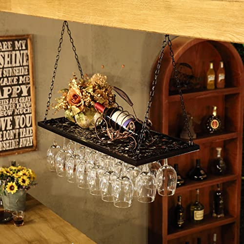 Decken-Weinglasregal, hängendes Weinregal mit Glashalter und Regal, höhenverstellbarer hängender Weinflaschenhalter, Metall-Deckenregal für Bar, Café, Küche (Farbe: Schwarz, Größe: