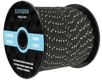 LUYADIN Reflective Paracord 240lb - Diameter 2mm Micro Utility Cord -3 Strand Parachute Spool Cord - 100ft 200ft,Paracord for Camping,Hiking,Fishing,Outdoor and DIY