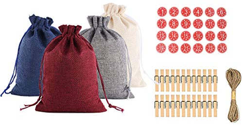 Adventskalender zum Befüllen:Weihnachtskalender Advents Weihnachtlich gemusterte Leinensüßigkeitstaschen 1-24 Adventskalender Kordelzug Baumwolle Leinen Geschenkverpackung Tasche (L-Multicolor)