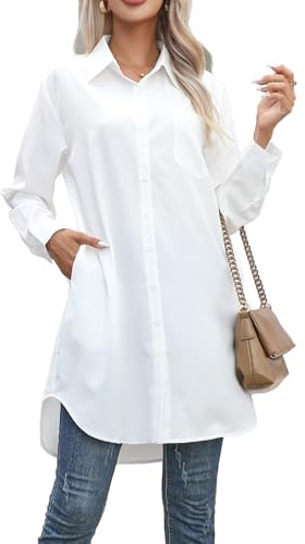 jinghuiyue Women's Casual Button Down Shirts Long Sleeve Oversize Blouse Loose Shirt Dress with Side Pockets(White-XL)