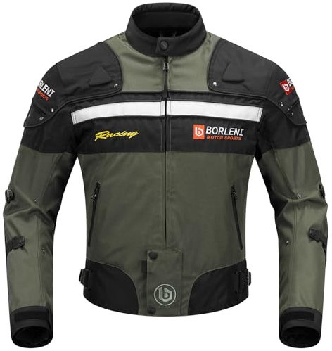 BORLENI Motorradjacke Herren Winter Motorrad Jacke Textiljacke Winddicht mit Herausnehmbarem Liner Protektoren Protektor Jacke Roller Biker Touren 4 Jahreszeiten Herren Damen Olive L