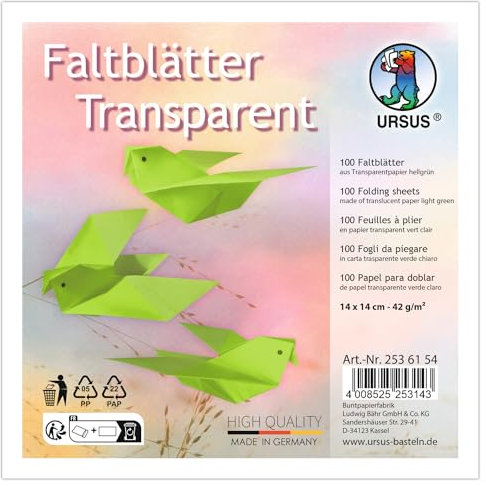 Ursus 2536154 - Faltblätter Transparent Hellgrün, 42 g/m², 100 Faltblätter 14 x 14 cm, durchgefärbt