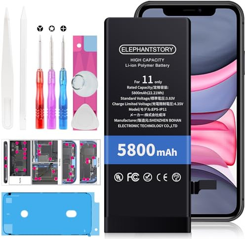 Batterie pour iPhone 11 Haute Capacité 5800mah Batterie A2111 A2221 A2223 Modèle Batterie de Remplacement Interne avec kit de Réparation Complet Guide et Plaque à vis