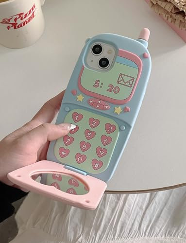 UZAKMI Cartoon Phone Case Funny 3D Cute Blue Girly Retro Flip Mobile iPhone Case with Makeup Mirror Protective Soft Silicone Cell Phone Case for Women Girls (iphone 15,Blue)