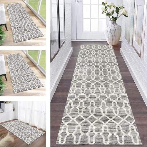 ZESEWU Teppichläufer Grau Weiß 50X120CM Rutschfest Waschbar Modern Boho Läufer Teppich für Flur, Küche, Schlafzimmer, Wohnzimmer, Küchenläufer Anpassbar Dauerhaft