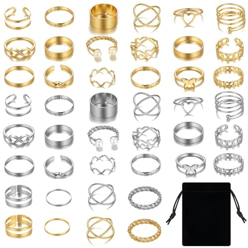 Fantasyon 44Pcs Vintage Gold Knuckle Rings Set | Adjustable stackable rings for women, snake chain pearl open rings, chunky jewelry gift set