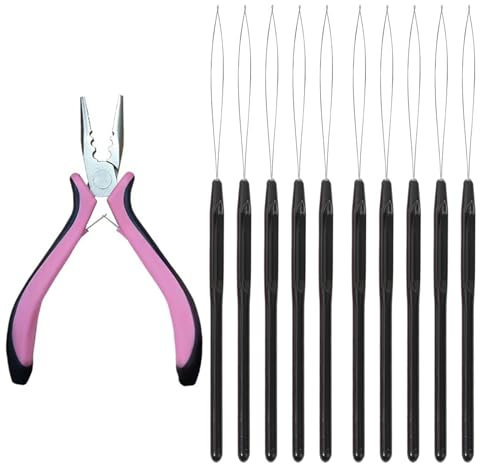 11Pcs Hair Extensions Kit Tools - Pink Pliers and 10 Black Loop Threaders for Styling Accessory