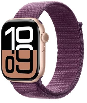 Apple Watch Series 10 GPS + Cellular 46 mm Smartwatch con cassa in alluminio Oro rosa e Sport Loop Prugna - One Size. Fitness tracker, app ECG, display Retina always-on, resistente all’acqua