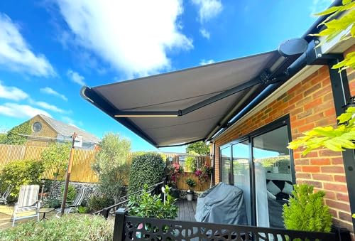 Tenda da sole elettrica retrattile a cassetta intera, telecomando motorizzato, illuminazione a LED, tessuto di protezione UV resistente alle intemperie | Baldacchino per patio, giardino, negozio o