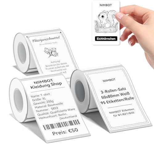 NIIMBOT Etiketten für B1 B21 B3S Etikettendrucker, 50mm x 80mm 95 Etiketten pro Rolle, 3 Rollen Selbstklebender Etikettenband Thermo-Etikettenband für Supermärkte, Einzelhandel, Büro, Weiß